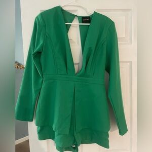 Backless plunging neck line green romper